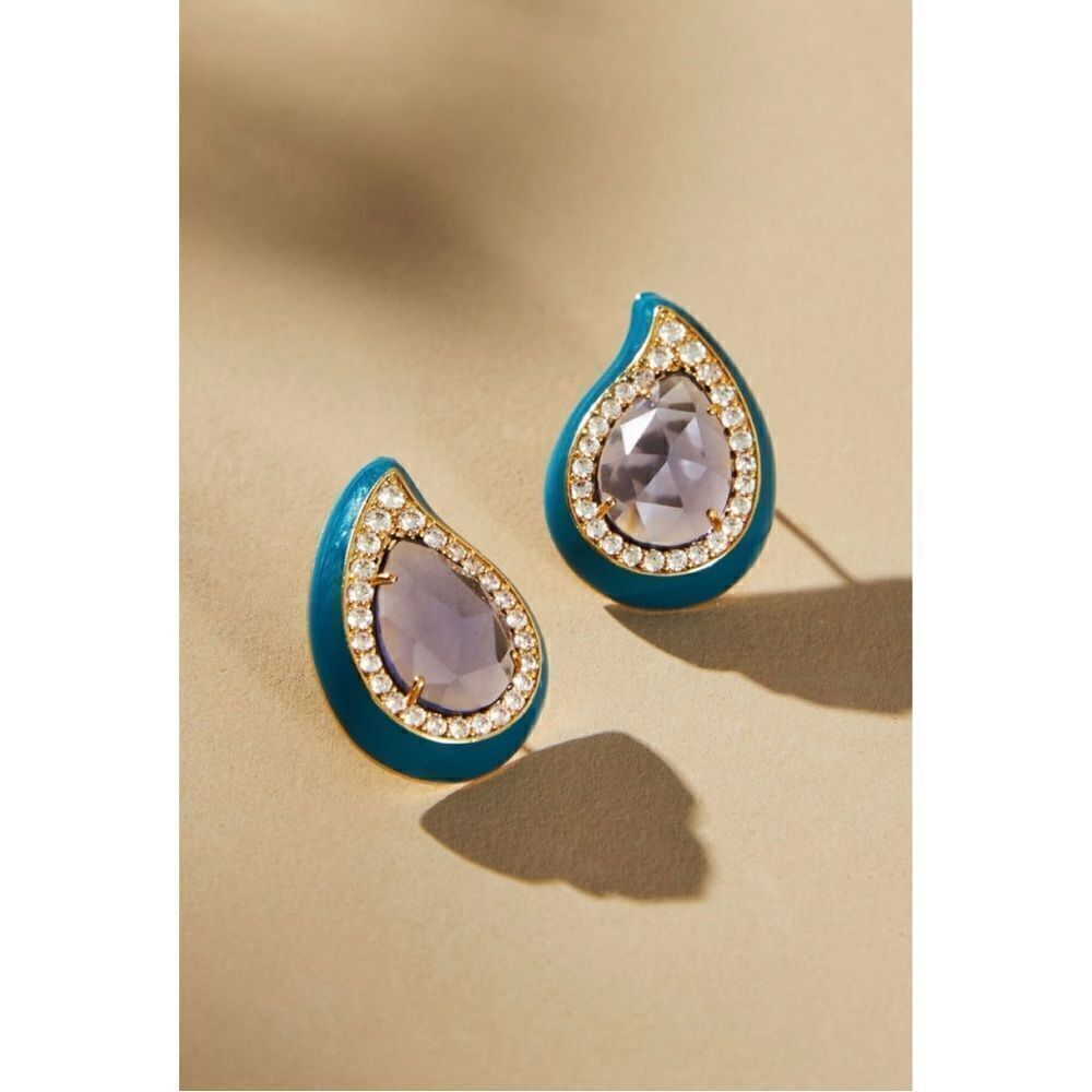 NEW Anthropologie Festive Embellished Turquoise Blue Glass Teardrop Post Earring